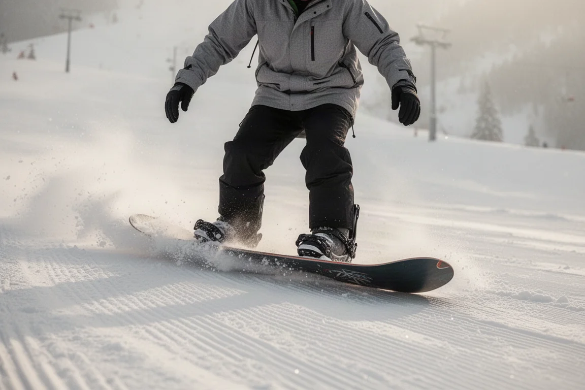 Snowboarder presionando el nose de una tabla en una pista preparada