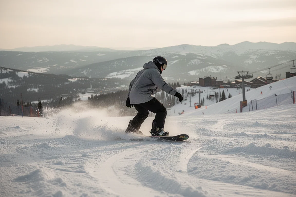 Snowboarder avanzando por nieve picada con las rodillas flexionadas
