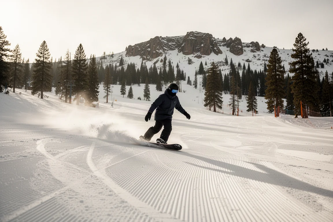 Snowboardeur en carve sur une piste damée d'une station, sur un versant ensoleillé