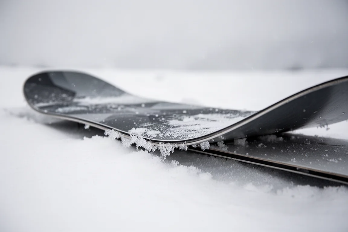 Gros plan sur le carre d'un snowboard et son profil à cambre, posé sur une neige dure et verglacée