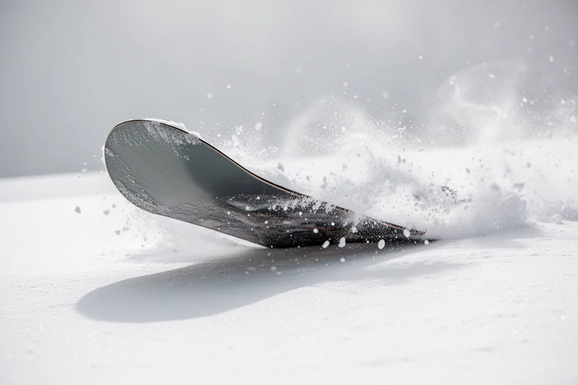 Nose d'un snowboard enfoncé dans la neige molle pendant un butter, projection de neige visible