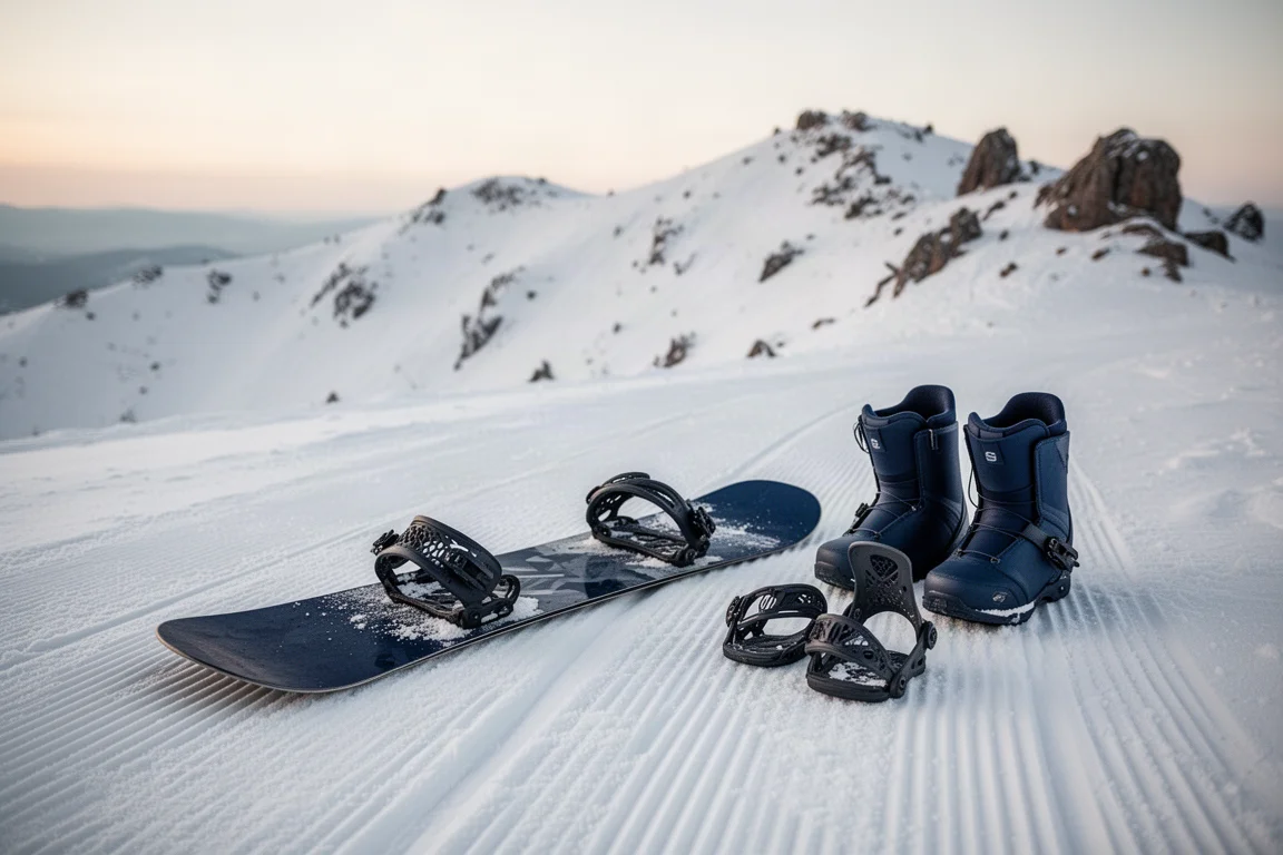 Snowboard posé sur la neige damée avec des boots et des fixations à côté, dans une station
