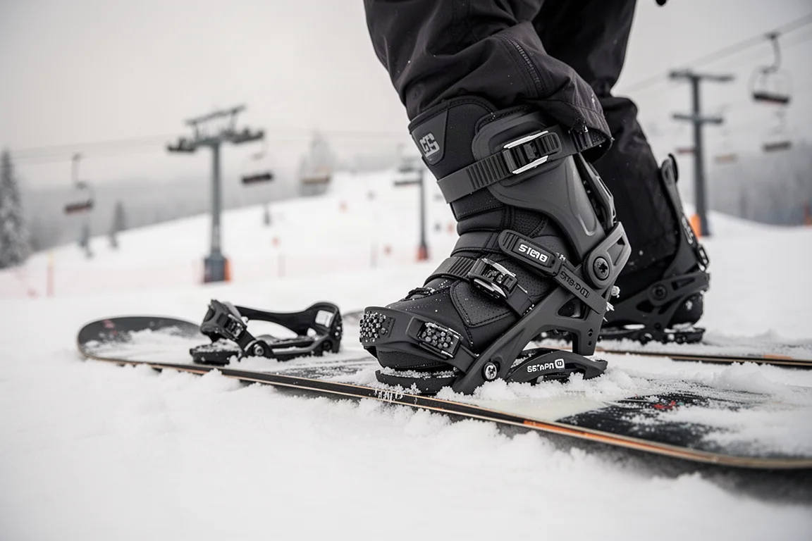 Snowboardeur enfilant une fixation à entrée arrière sur une pente enneigée