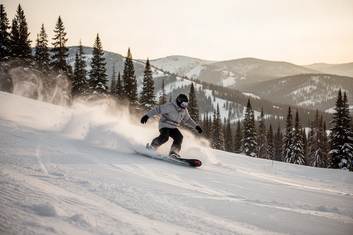 Snowboardeur en carve sur une pente de montagne au-dessus des arbres