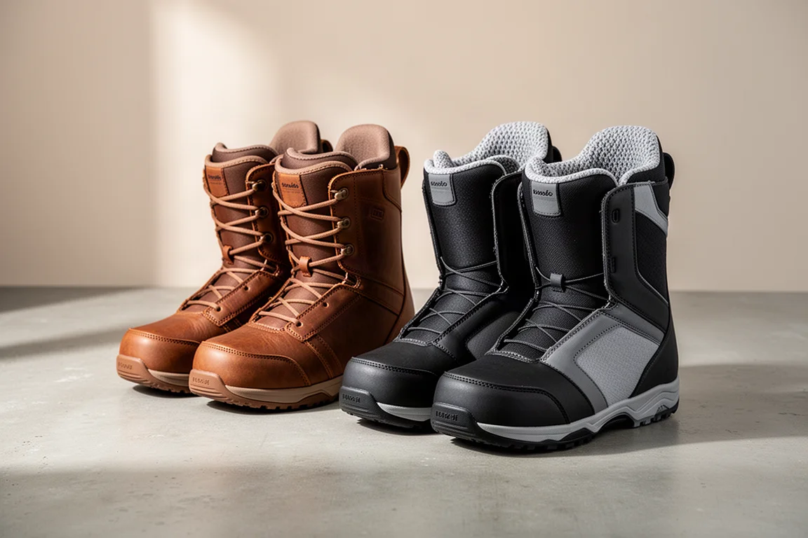 Brown and black-and-gray snowboard boots side by side on concrete