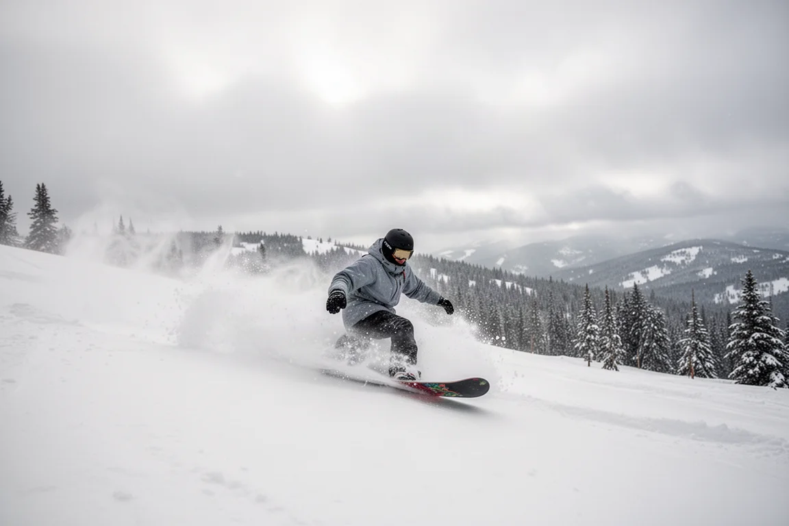 Snowboardeur traversant une poudreuse à hauteur de taille sous une lumière douce et couverte