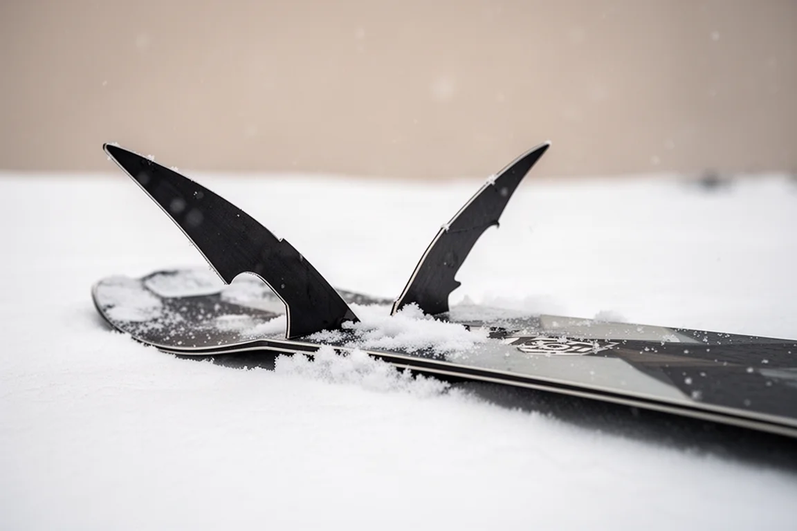 Gros plan sur l'échancrure de la queue d'un snowboard swallow tail posé dans la neige fraîche