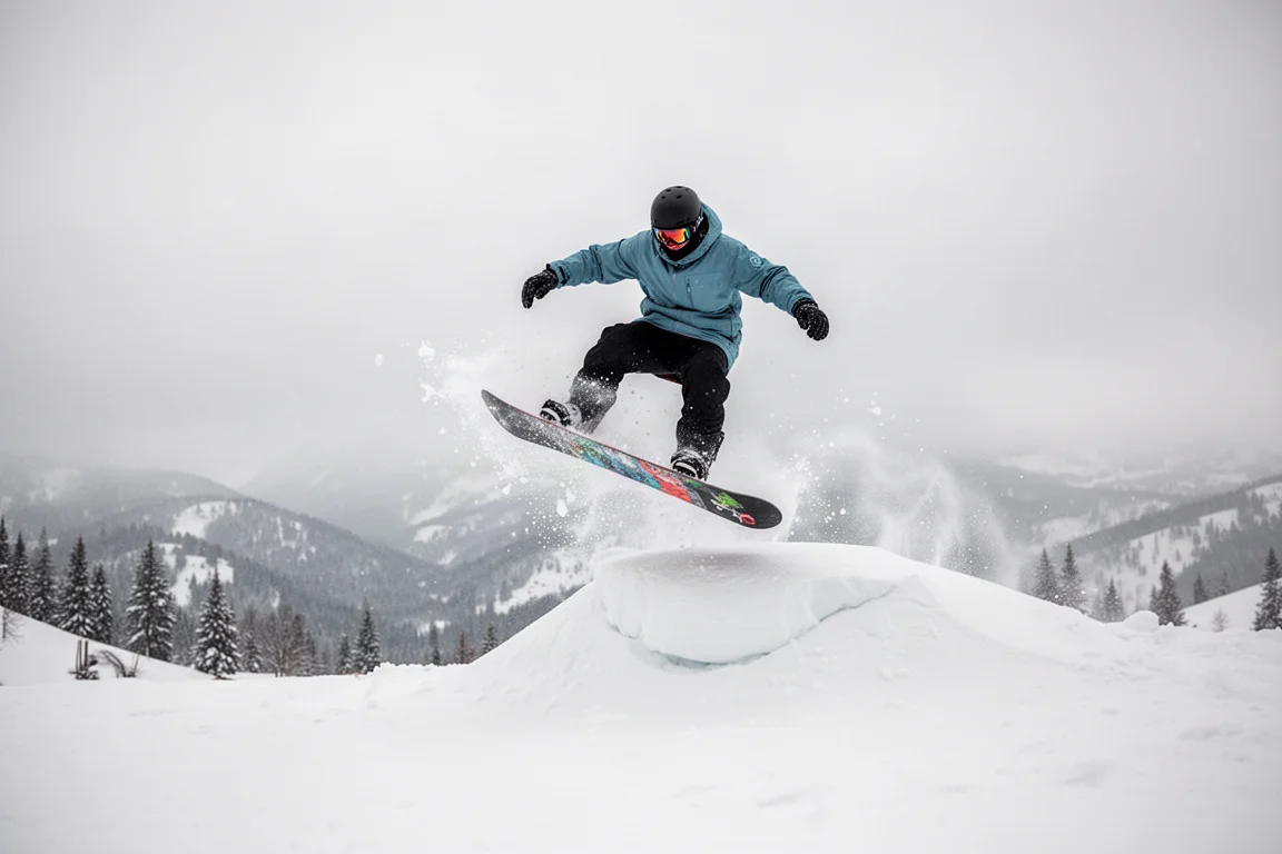Snowboardeur s'élançant d'une bosse enneigée dans la poudreuse fraîche