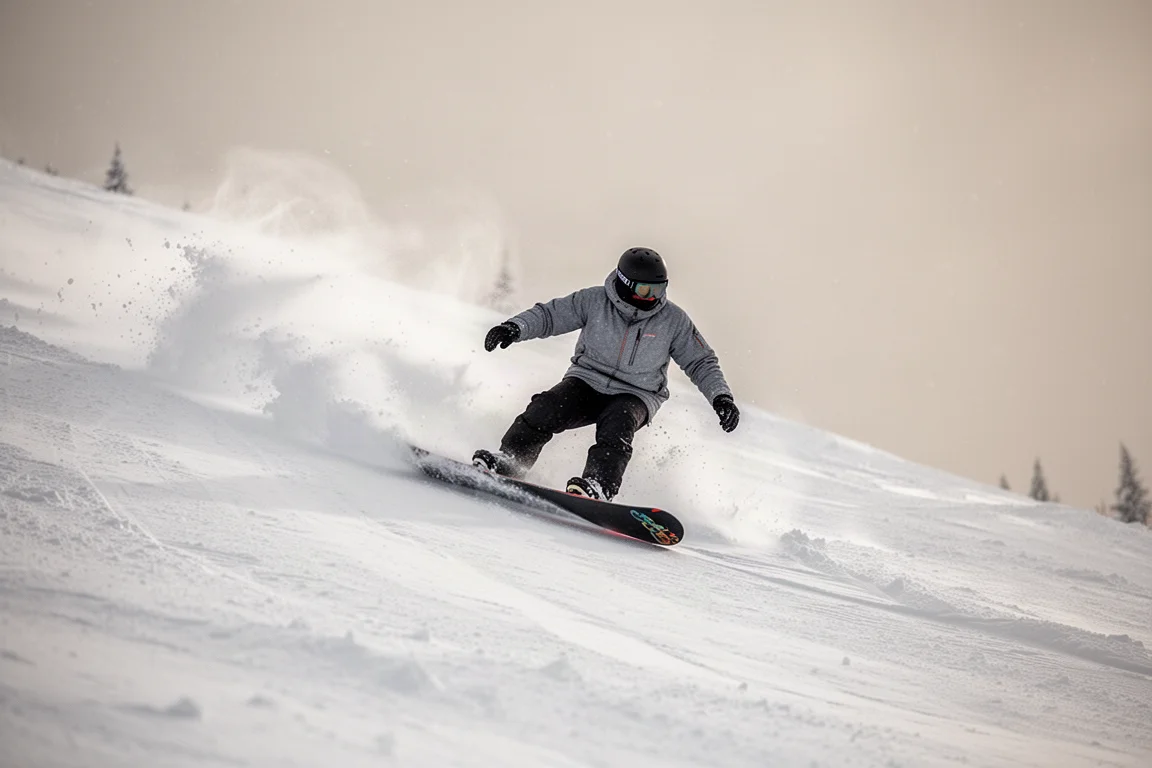 Snowboardeur carvant intensément à vitesse élevée sur une piste damée plus pentue