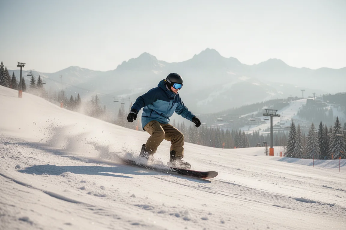 Snowboardzista jedzący po przygotowanej trasie w słoneczny wiosenny dzień przy zmiennych warunkach śnieżnych