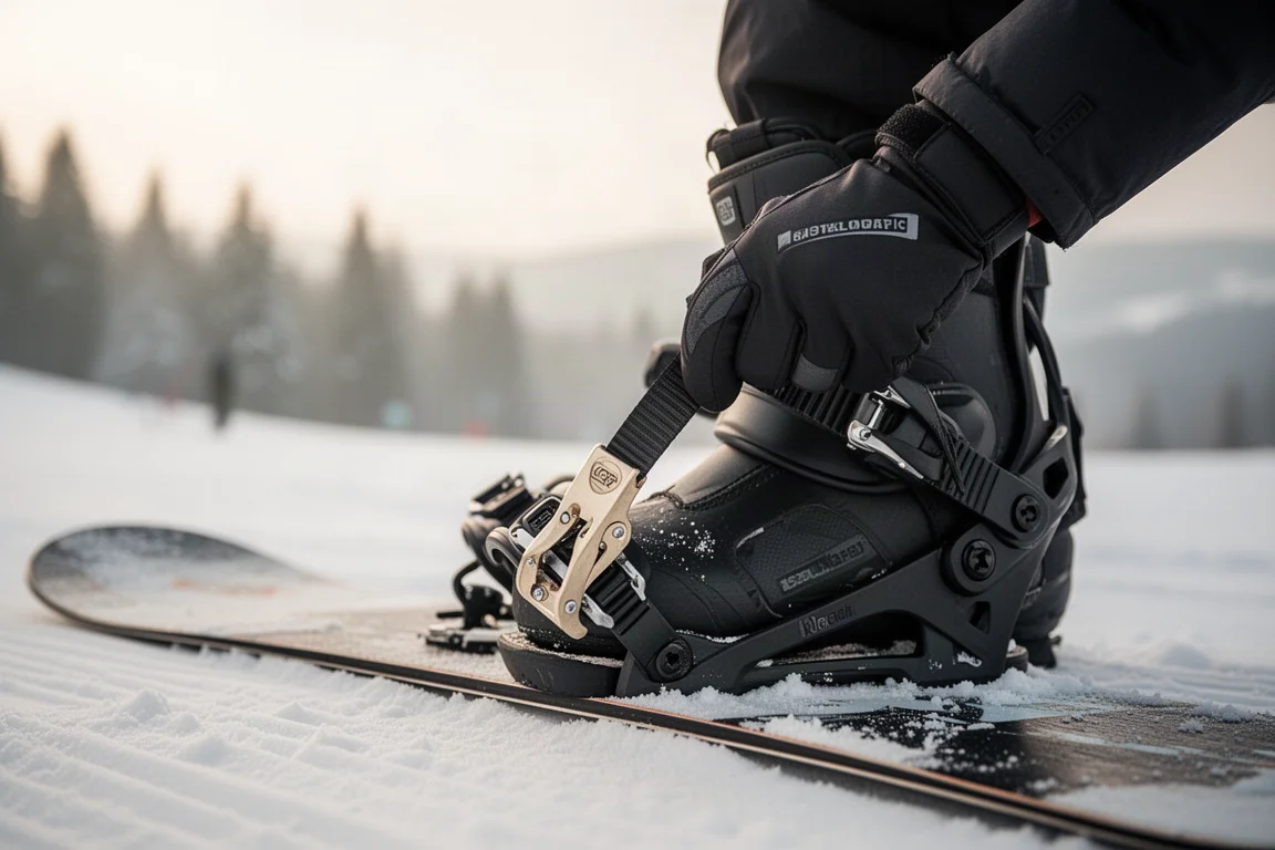 Klamry wiązania snowboardowego pociągane zapinką przez rękę użytkownika