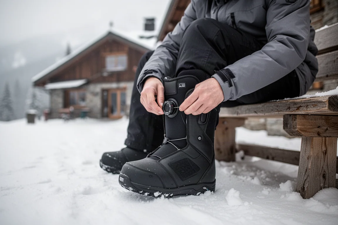 Snowboarder che regola uno snowboard boot con quadrante Boa su una panchina in un resort innevato