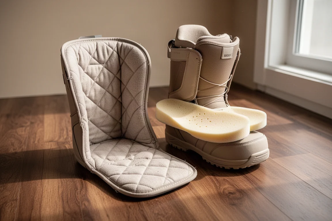 Liner da snowboard boot con footbed in schiuma appoggiato su un pavimento in legno