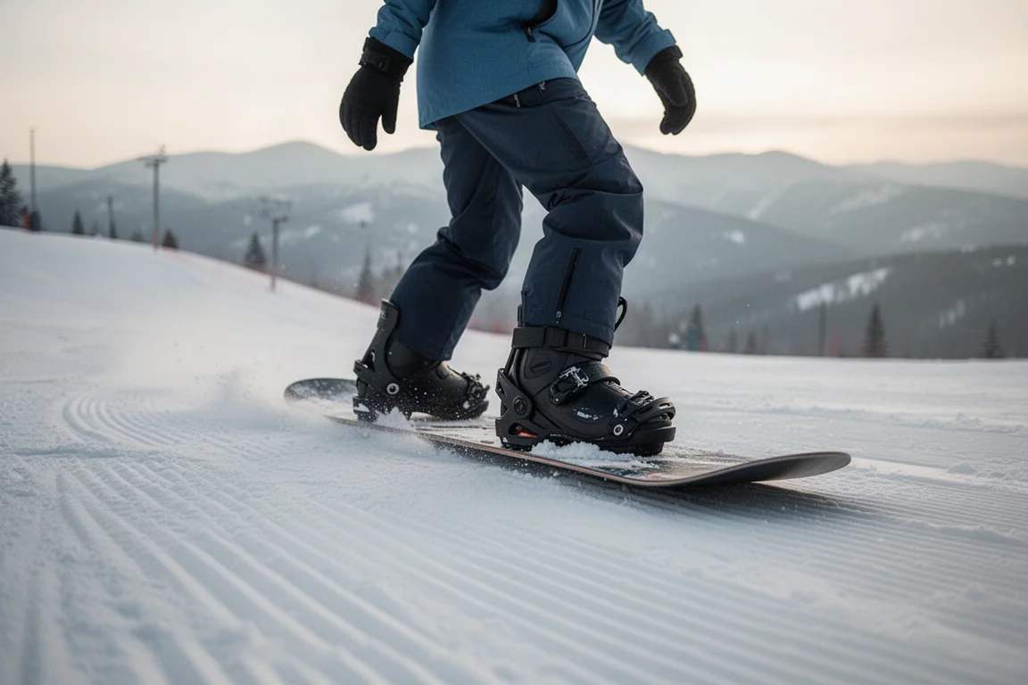Snowboarder in piedi su una dolce pista per principianti con luce pomeridiana morbida