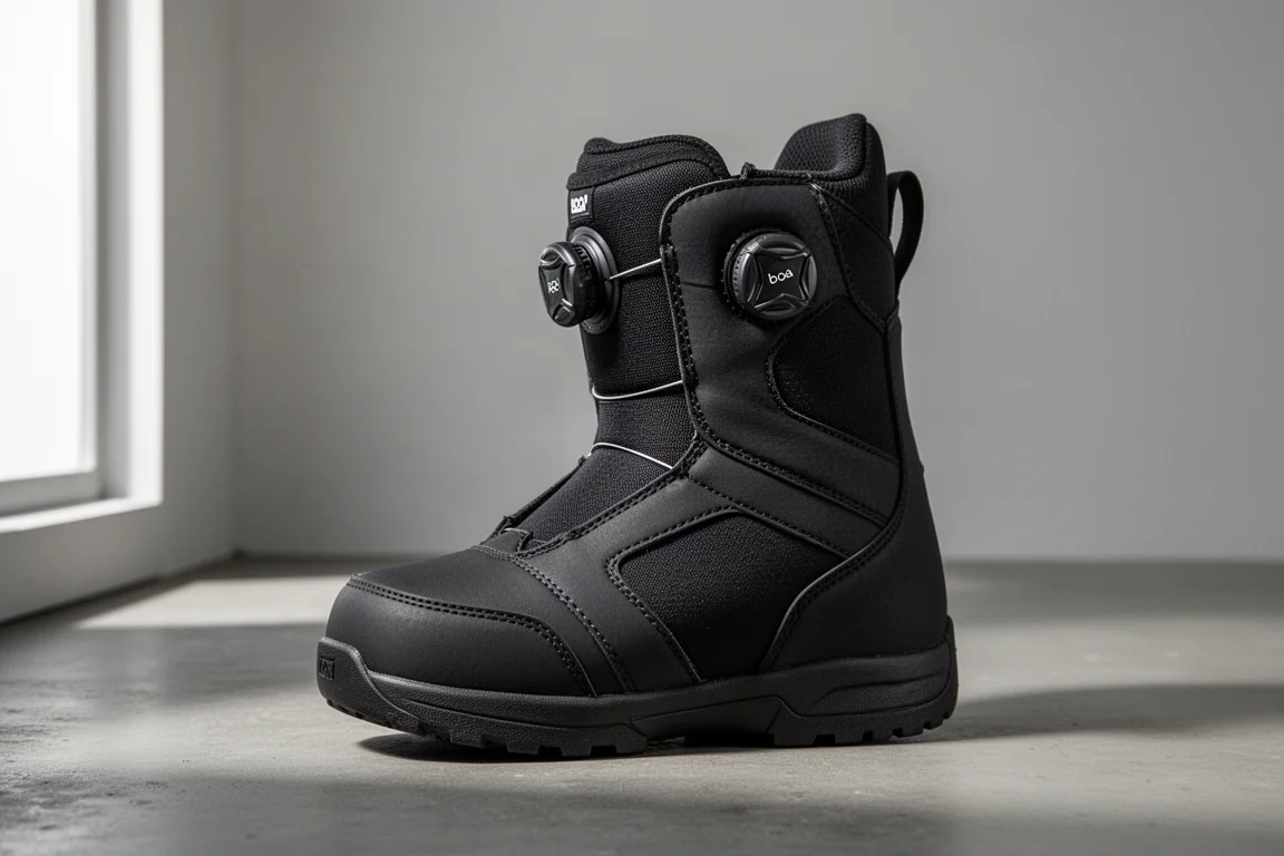 Snowboard boot Nitro Tangent Boa nero mostrato in vista a tre quarti su cemento