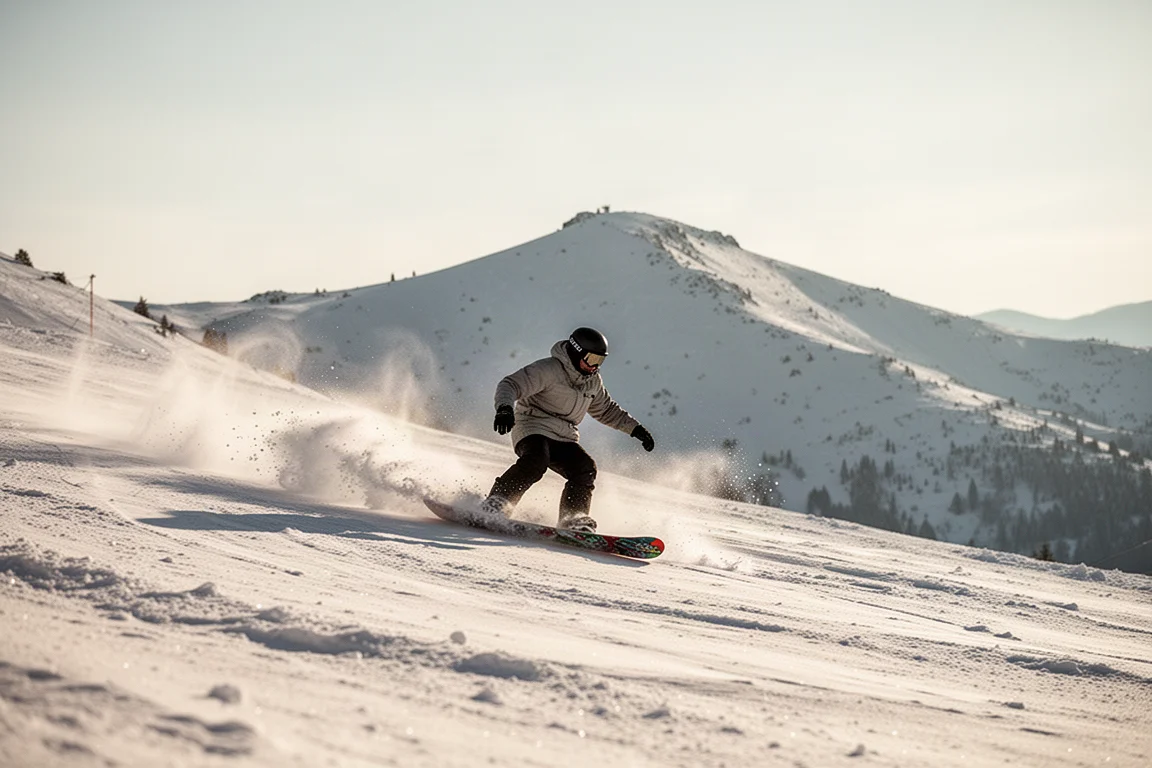 Snowboarder trazando curvas en nieve blanda en una ladera soleada