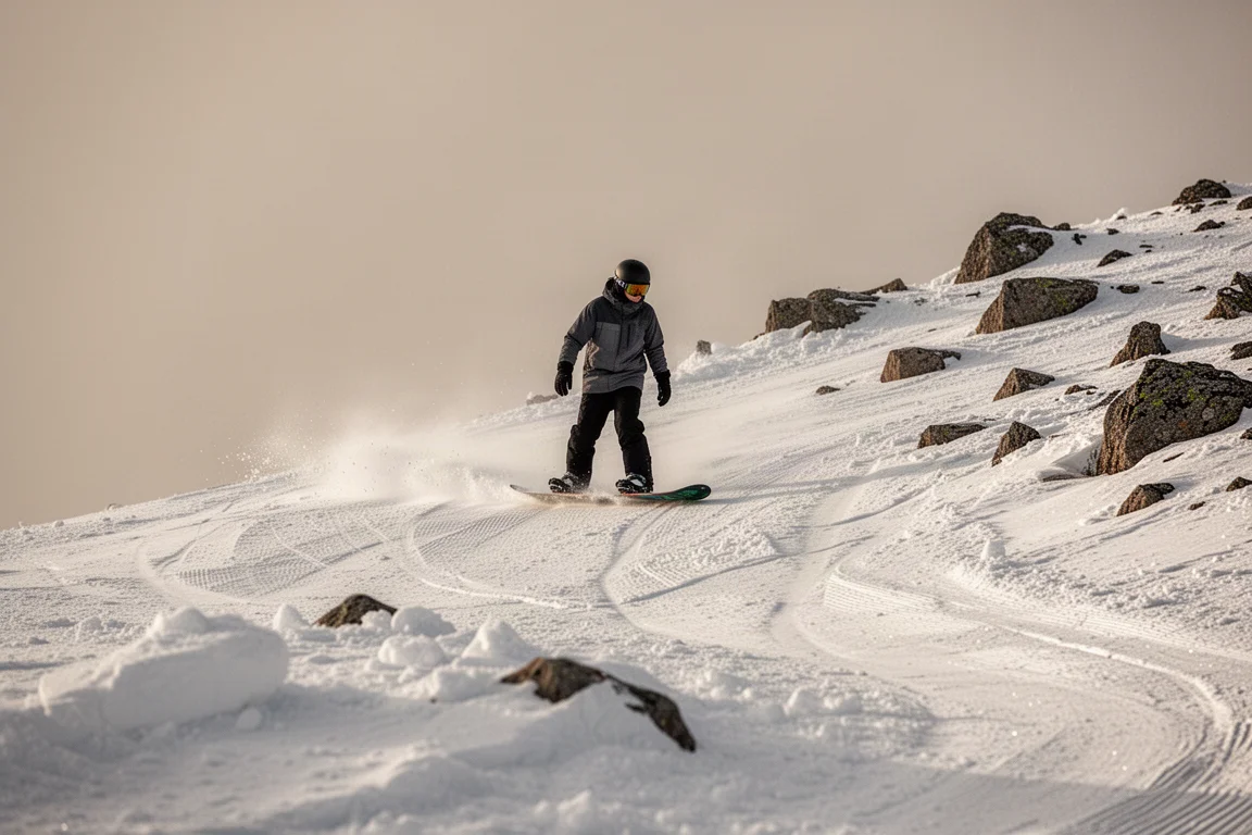 Snowboarder descendiendo por nieve firme cerca de rocas al borde de la pista