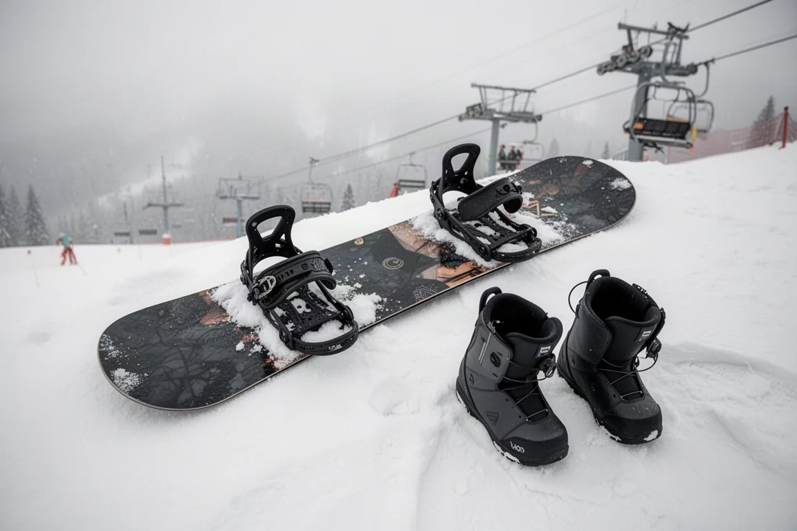 Tabla de snowboard y fijaciones instaladas sobre la nieve junto a una fila de telesilla
