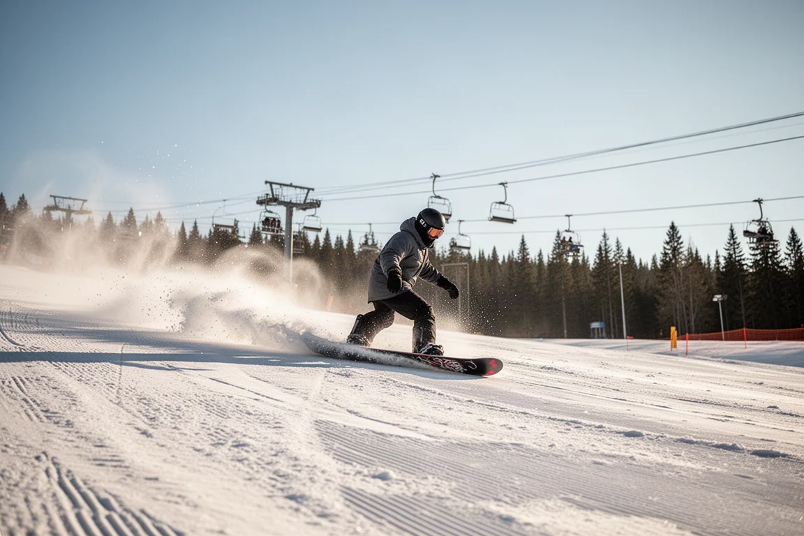 Snowboarder kurzschneidet eine fest präparierte Piste in der hellen Morgensonne