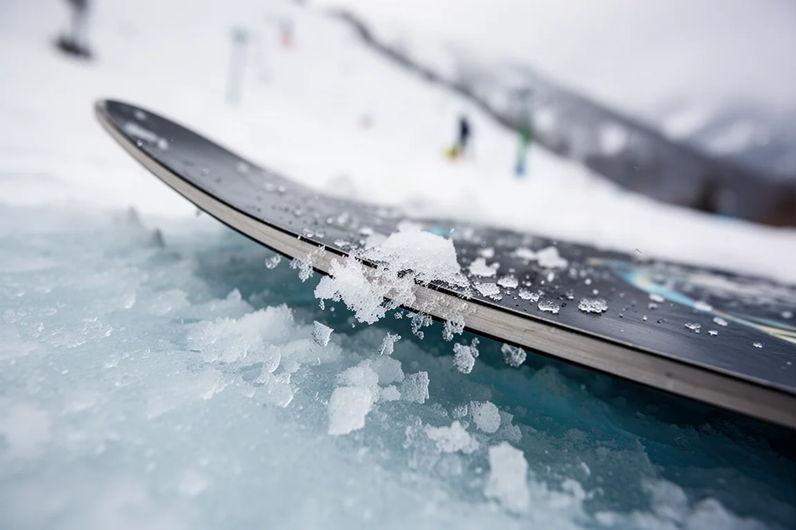 Nahaufnahme einer Snowboard-Kante, die sich in harten Harsch krallt