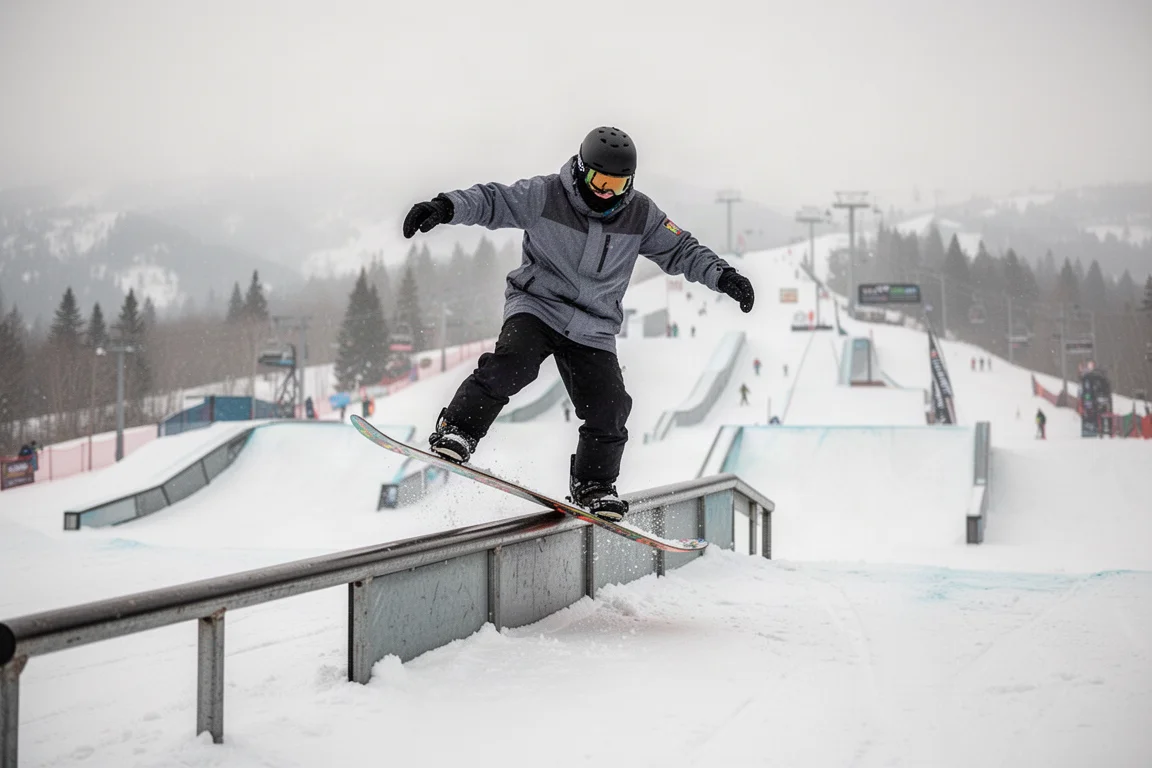 Snowboarder slidet an einer Rail im Terrainpark entlang