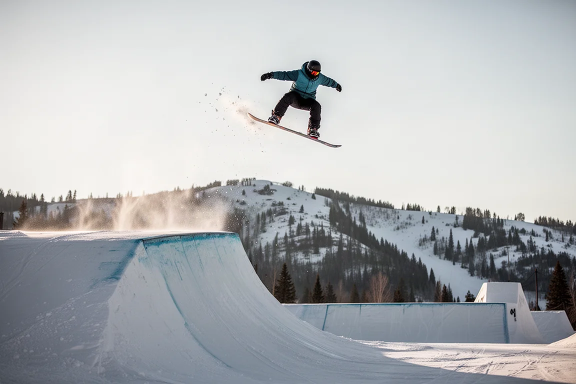 Snowboarder springt von einem großen Park-Kicker vor klarem Himmel ab