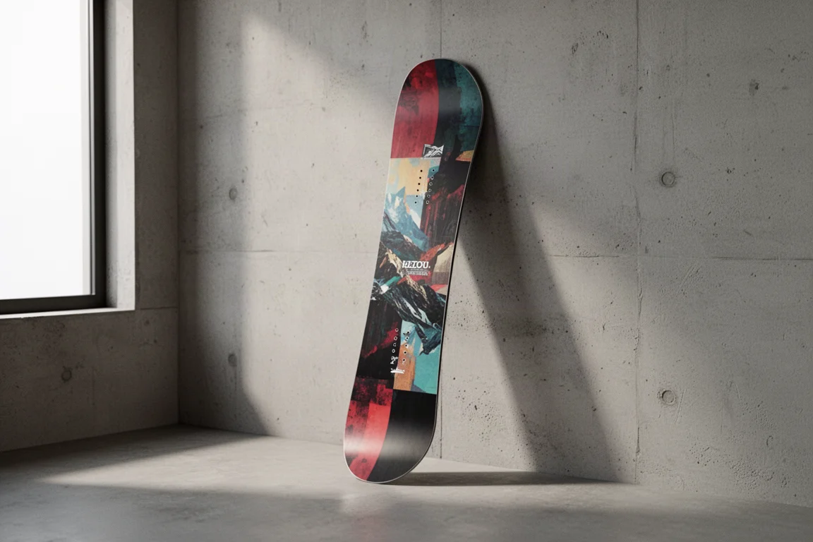 Tavola da snowboard Nitro Team Pro Marcus Cleveland Edition in piedi appoggiata a un muro di cemento