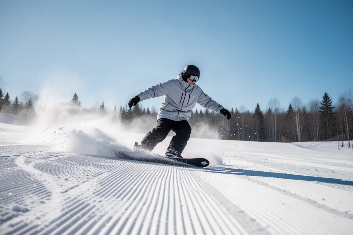 Snowboarder carving down a groomed bluebird day slope at a mountain resort