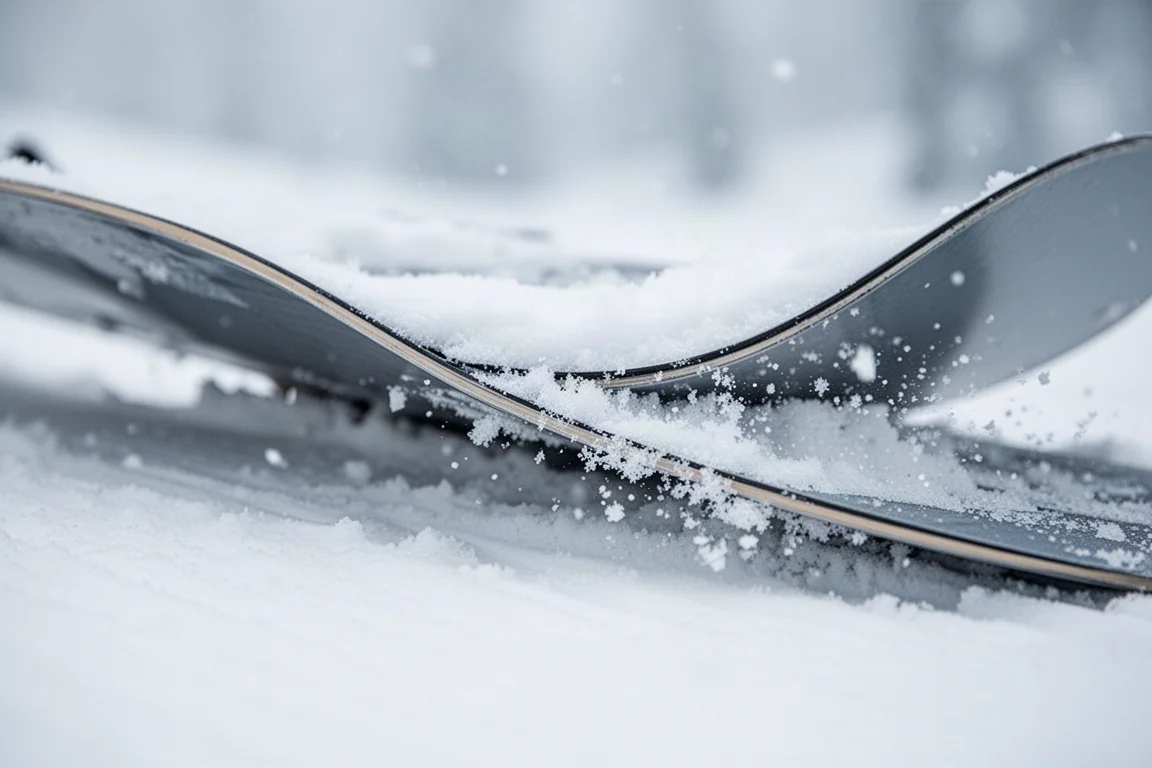 Snowboard tail pressed into snow with visible camber arc under pressure