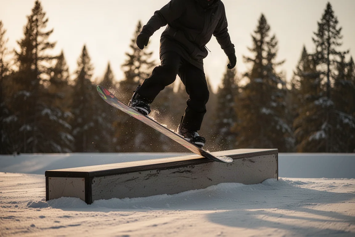 Snowboarder pressing nose of board on a park rail feature