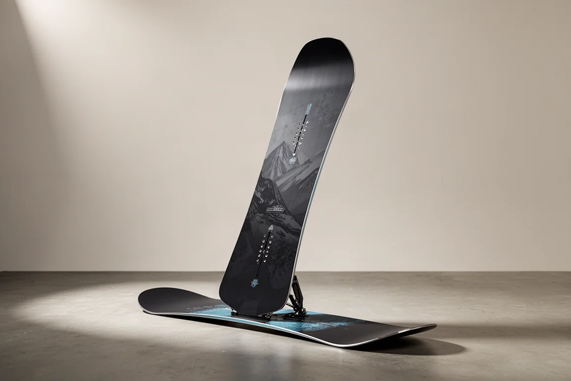 Nitro Team directional twin snowboard with traditional camber standing upright
