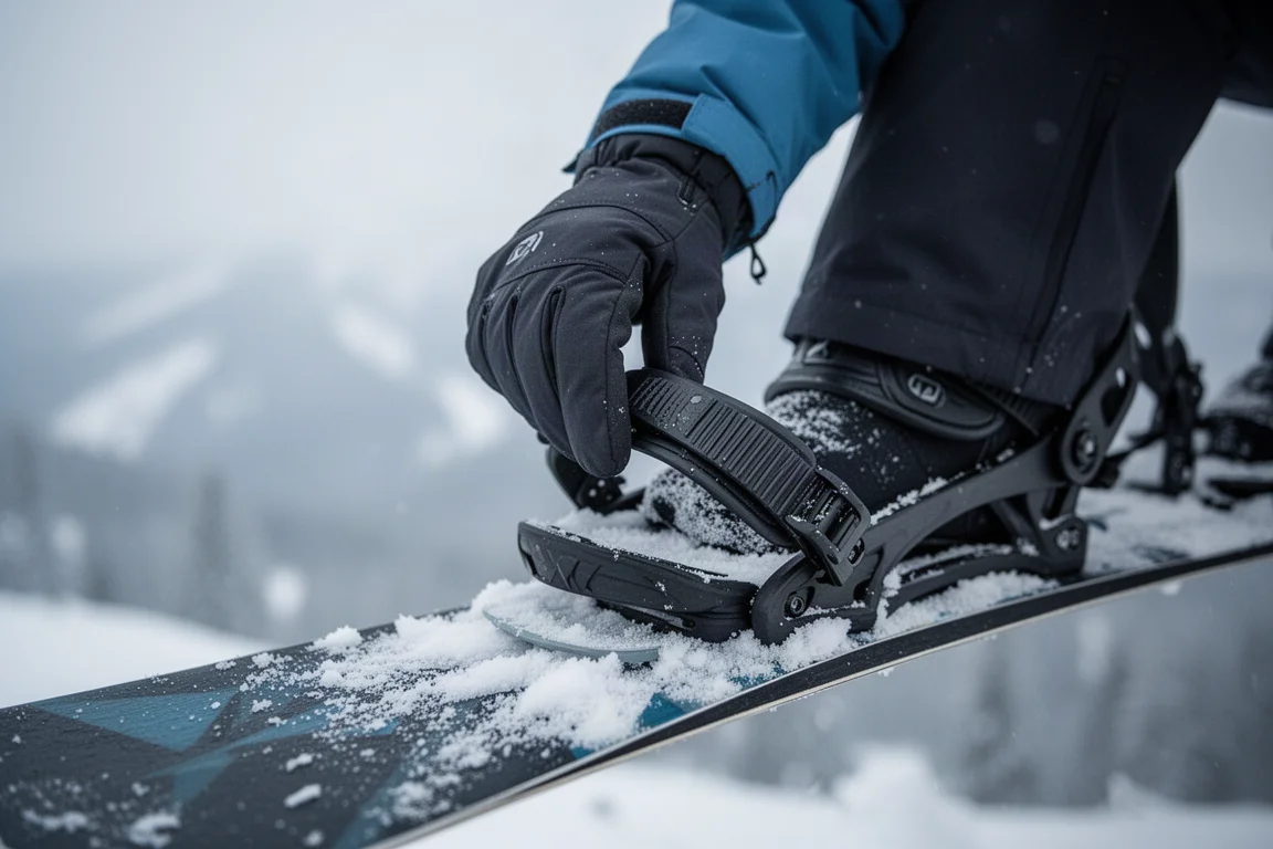 Snowboarder tightening the toe strap of a binding on a snowy slope
