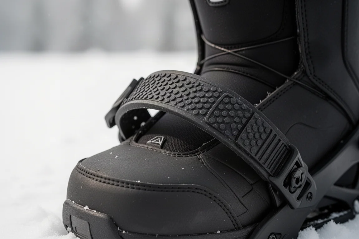 Rubber toe strap gripping the toe of a snowboard boot