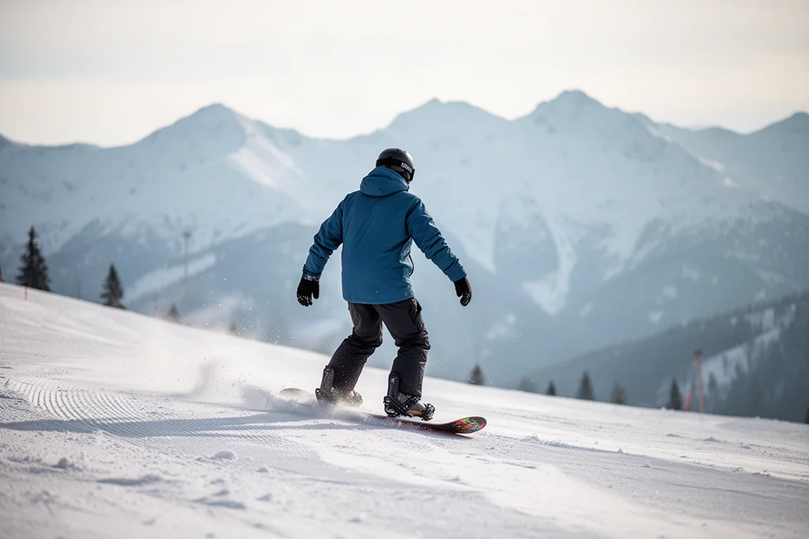 Snowboarder riding across a flat traverse with straps tensioned