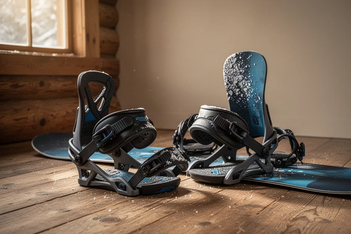 Snowboard bindings resting on a wooden lodge floor