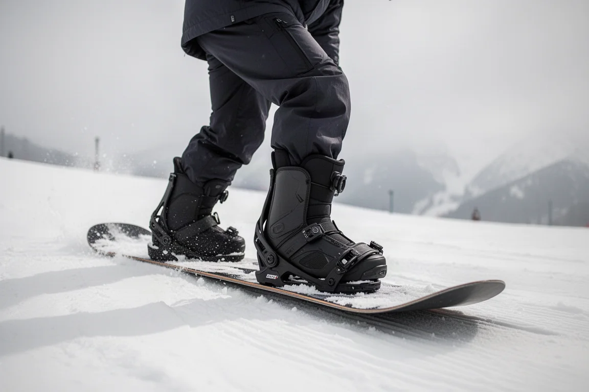 Snowboarder che flette in avanti con lo scarponcino su una pista innevata