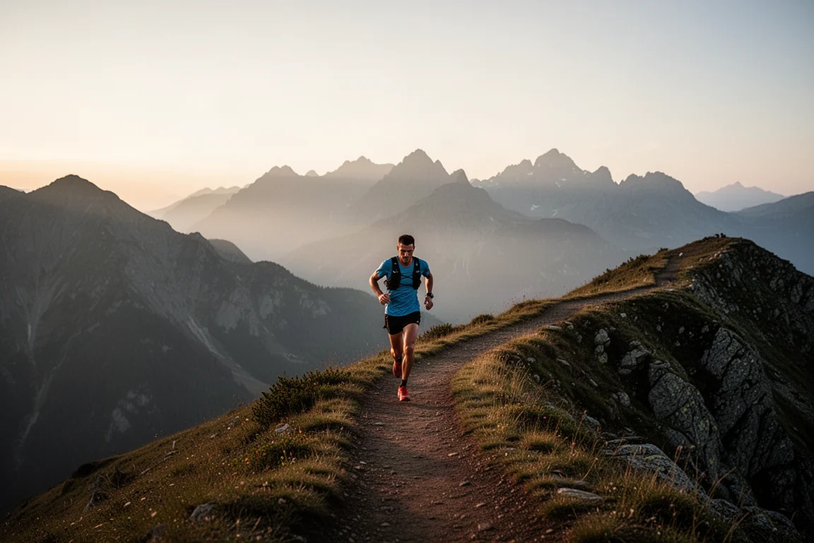 Corredora de trail de larga distancia en un sendero de cordillera con luz suave de atardecer