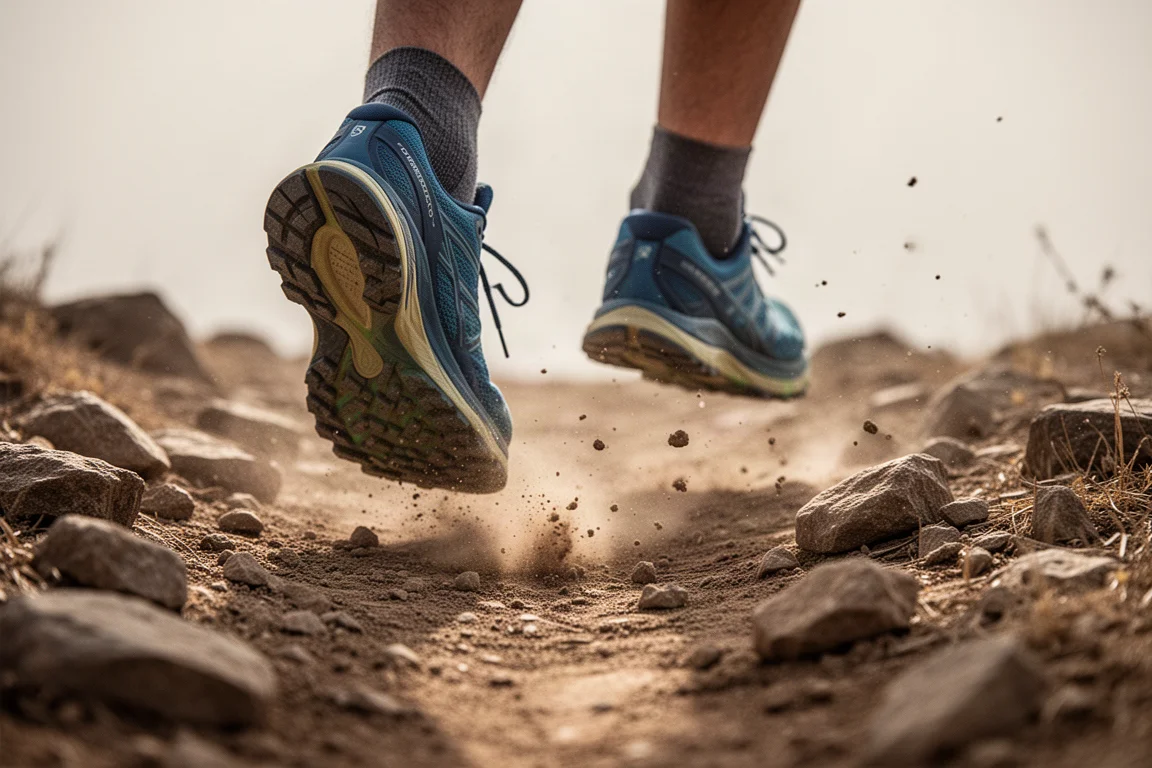 Pies de un corredor en un sendero rocoso durante un entrenamiento