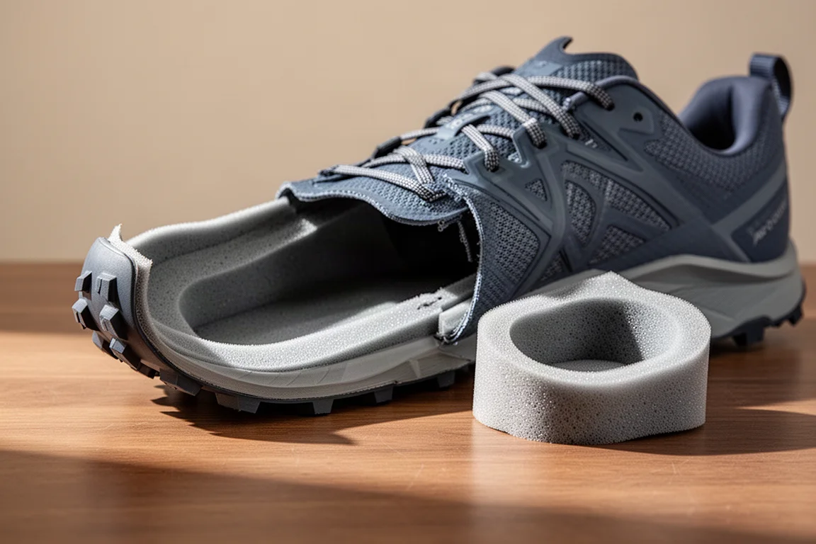 Manos retirando un inserto de mediasuela de una zapatilla de trail