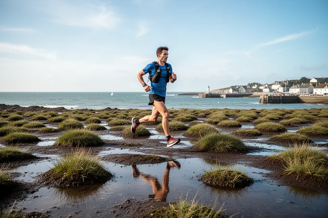 Trail runner crossing a wet, boggy coastal path under bright skies