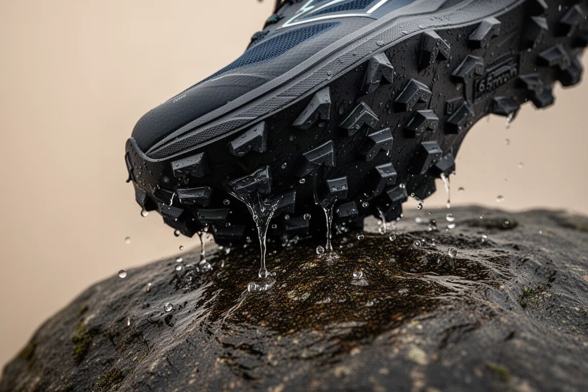Close-up of deep aggressive trail shoe outsole lugs gripping wet rock