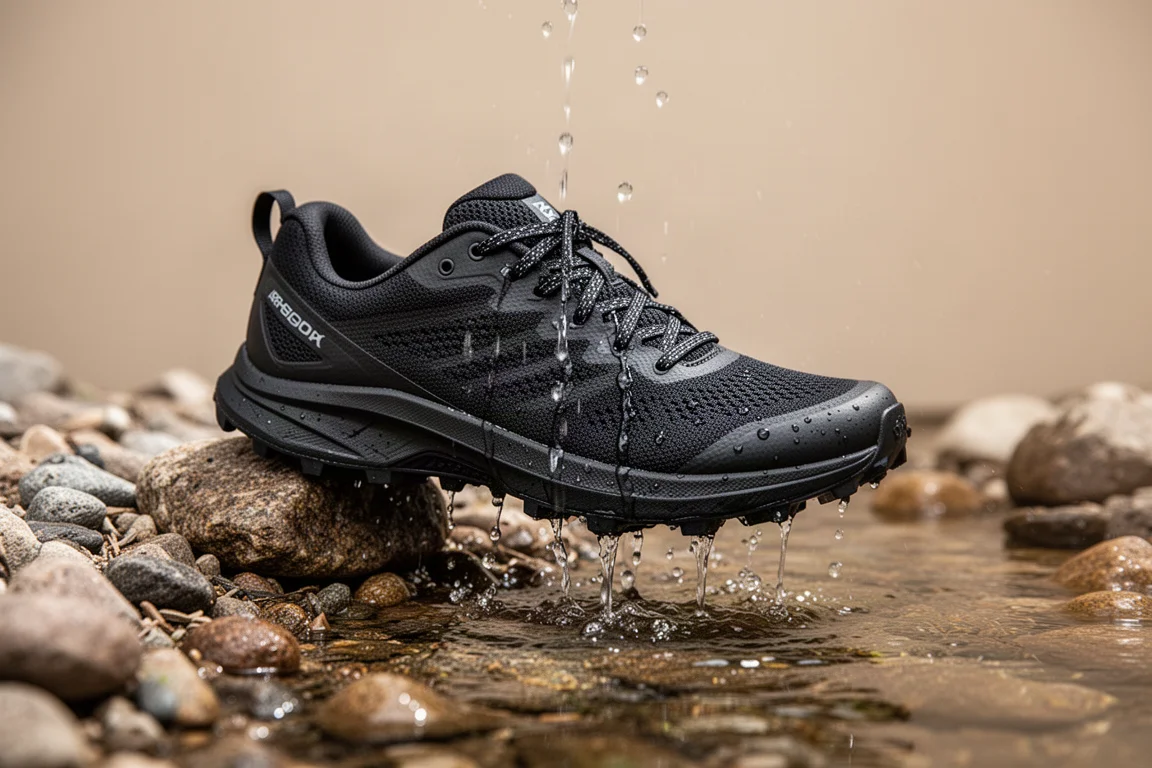 Trail shoe upper draining water after being submerged in a stream