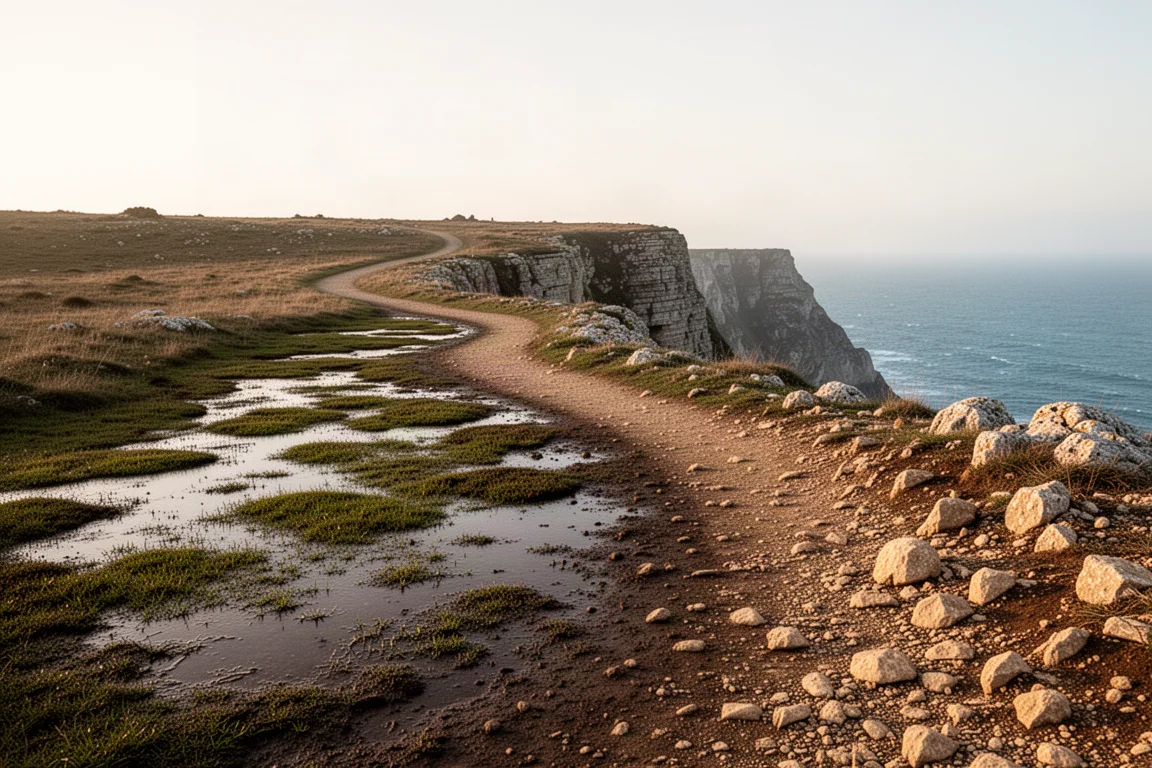 Rocky coastal trail winding along cliffs with mixed mud and loose gravel