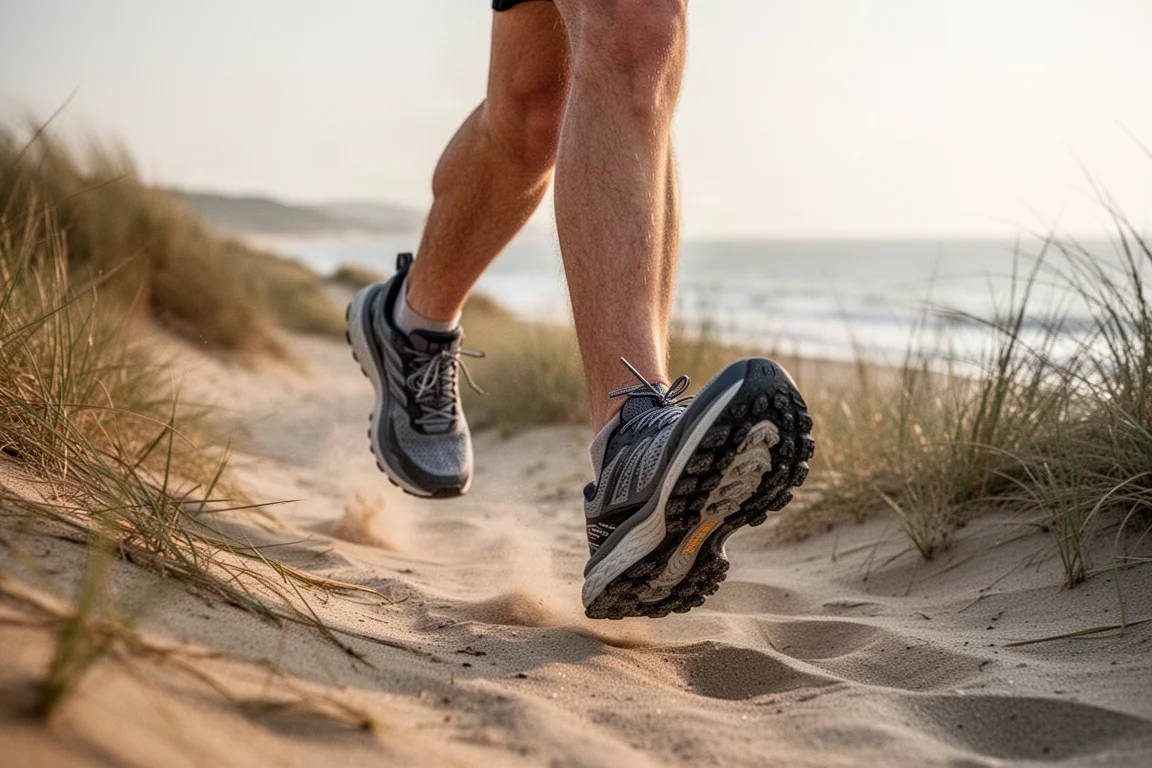 Trail runner's feet on a soft coastal trail in warm sunlight