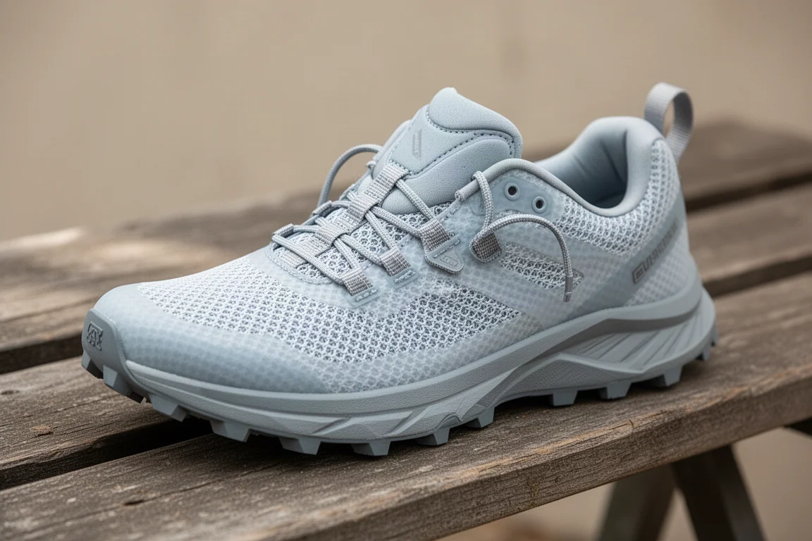 Detail of a trail shoe upper with lacing system on a wooden bench