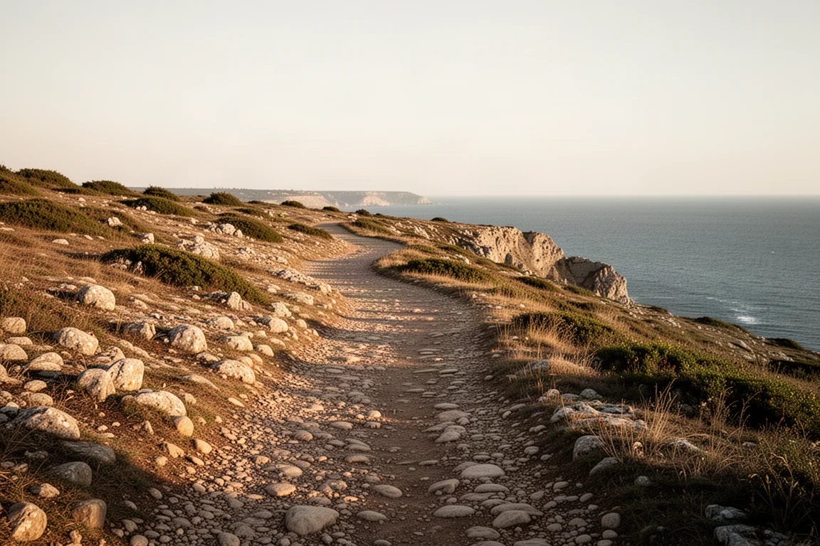 Compacted stony coastal trail winding towards the sea