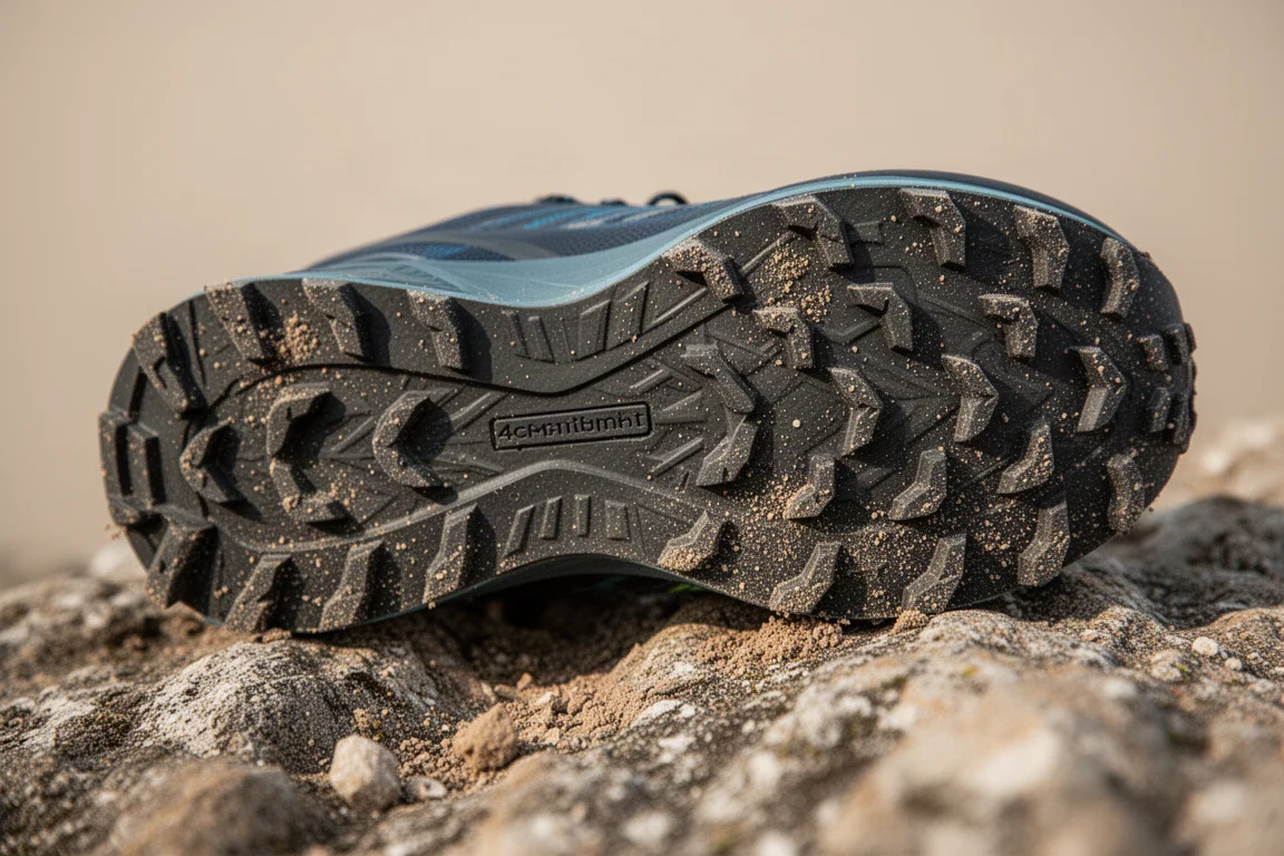 Close-up of a trail shoe outsole with 4mm multi-directional lugs