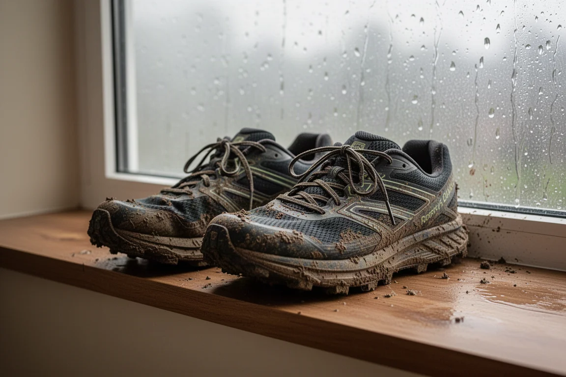 Lerigt och löst underlag på en stig längs en skogig bergssluttning