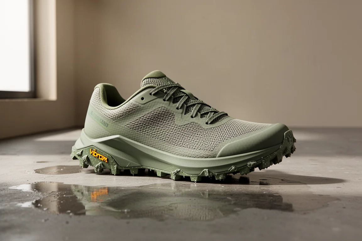 Scarpa da trail dal profilo basso con suola in gomma tassellata su cemento bagnato
