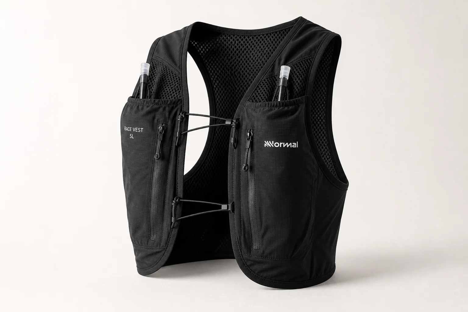 Quattro gilet da idratazione da trail running da 5L-6L disposti su una superficie in cemento